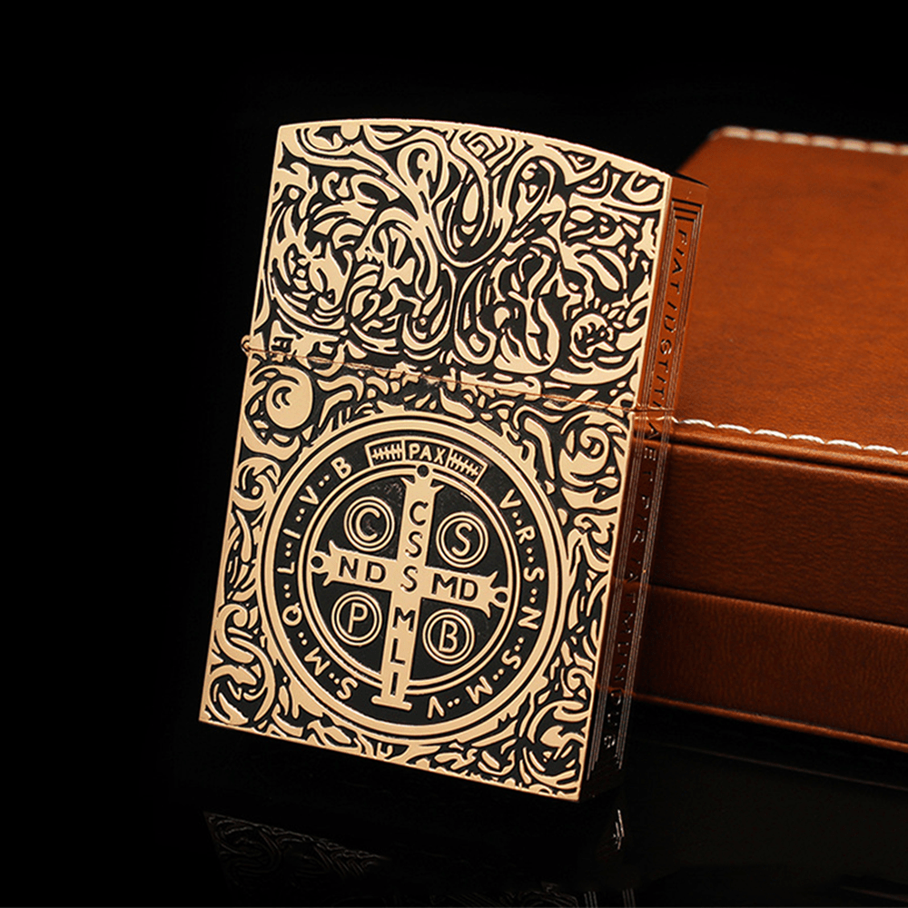 Carved St. Benedict Cross Medallion Solid Metal Cigarette Lighter