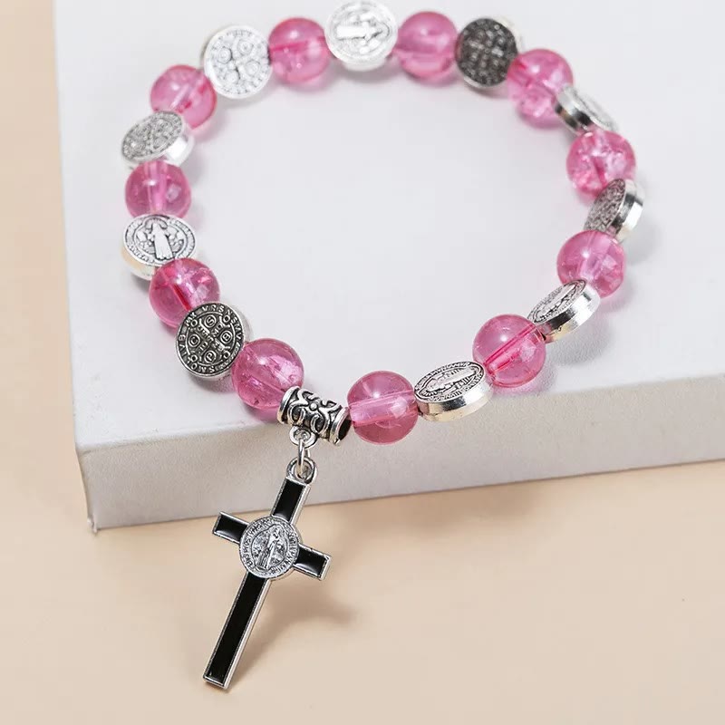 Jesus Cross Alloy Charm Pendant Beaded Bracelet