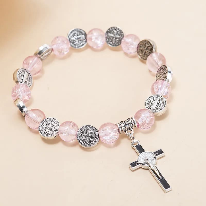 Jesus Cross Alloy Charm Pendant Beaded Bracelet