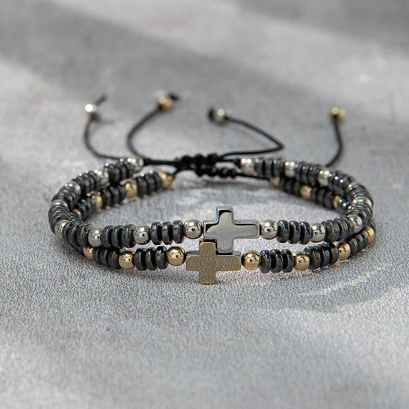 2pcs Cross Decor Beaded Stackable Hematite Bracelet
