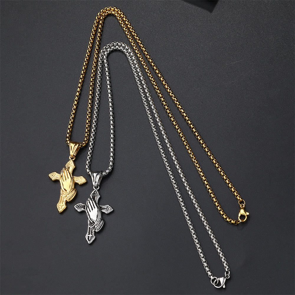 Praying Hands Cross Stainless Steel Pendant Necklace