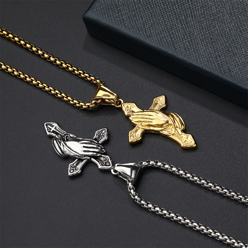 Praying Hands Cross Stainless Steel Pendant Necklace