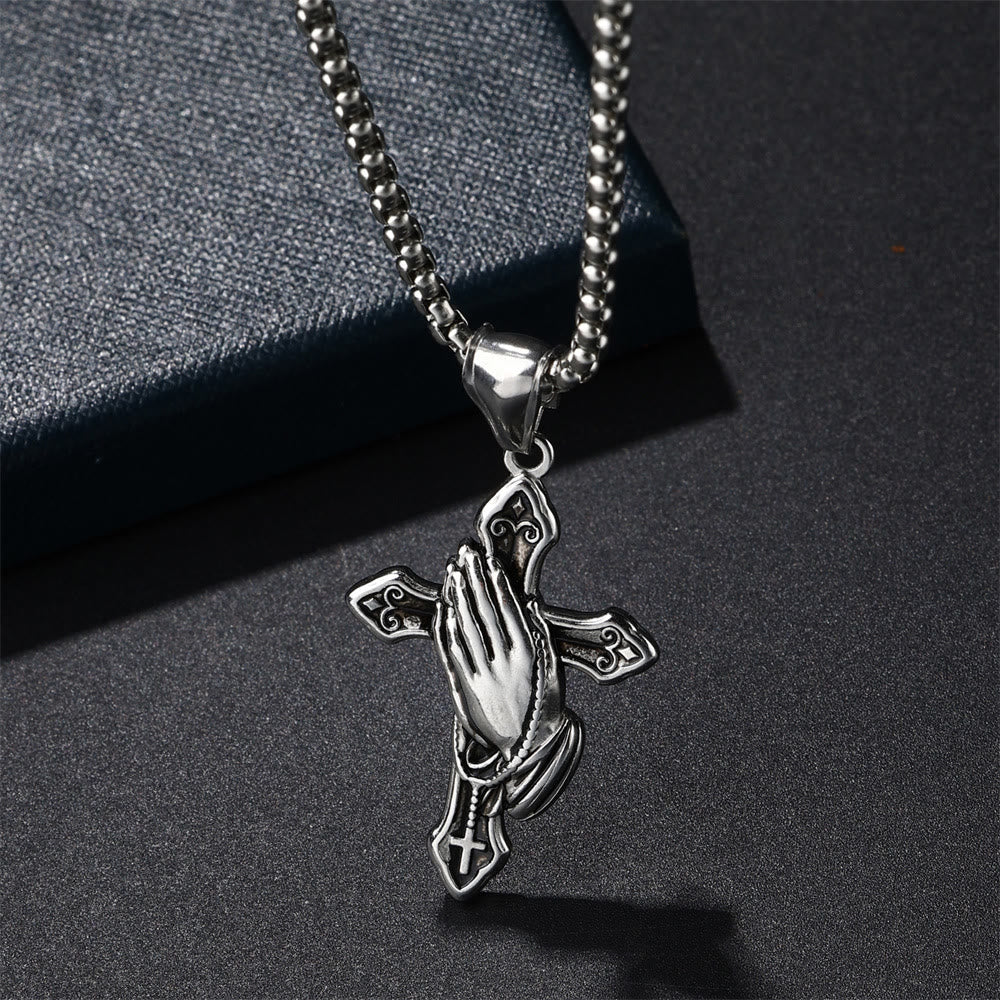 Praying Hands Cross Stainless Steel Pendant Necklace