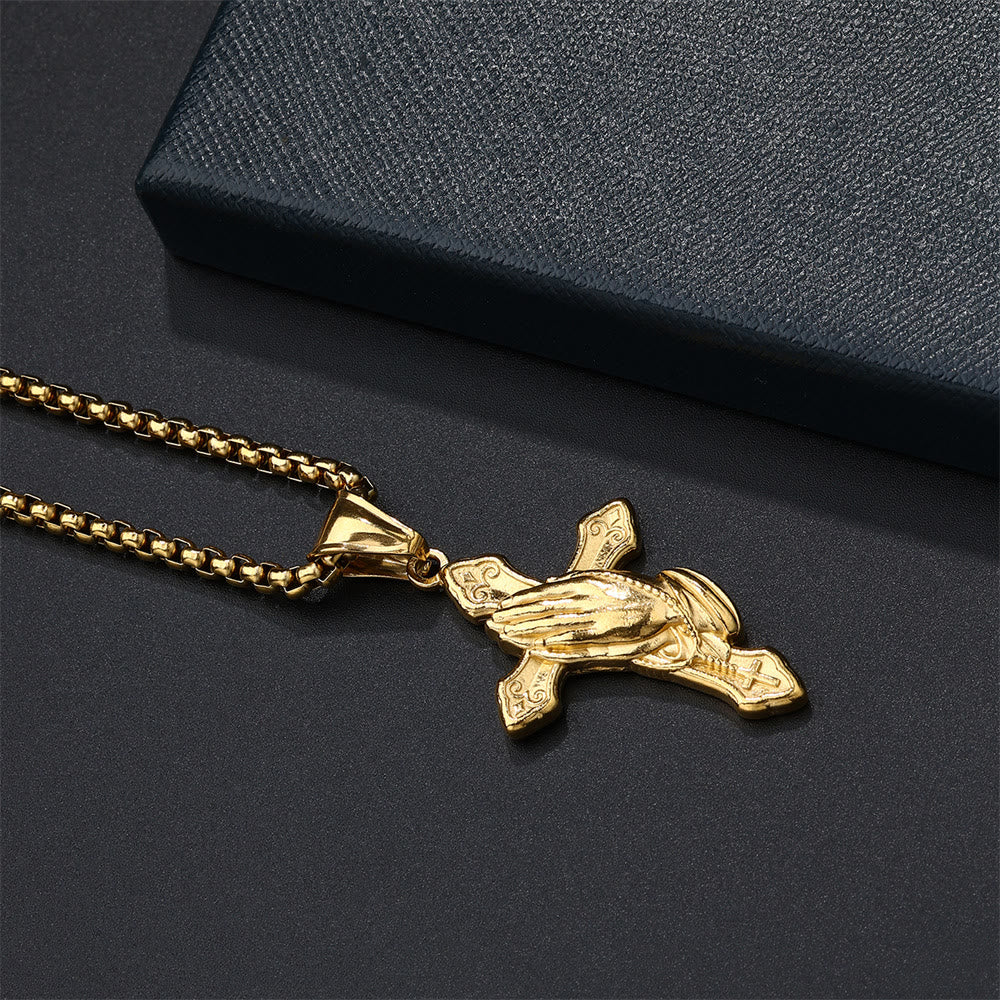 Praying Hands Cross Stainless Steel Pendant Necklace