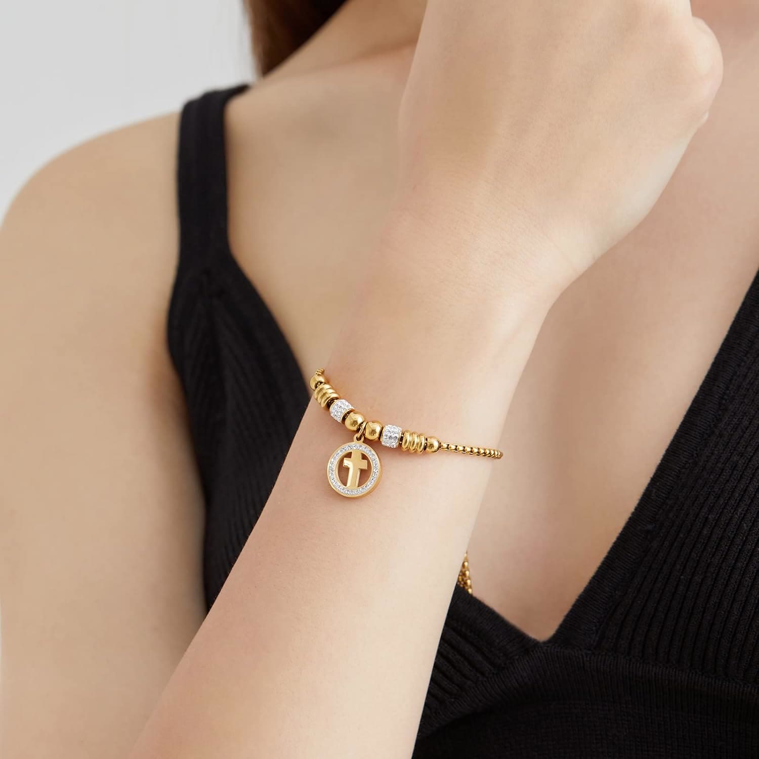 Crafted Circle Cross Charm Zirconia  Bracelet