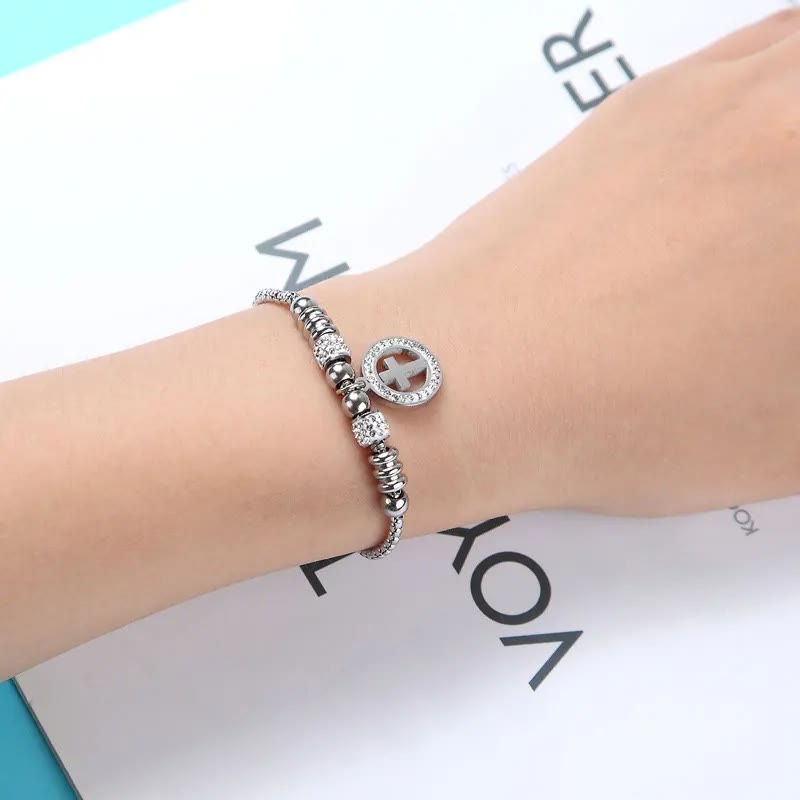 Crafted Circle Cross Charm Zirconia  Bracelet
