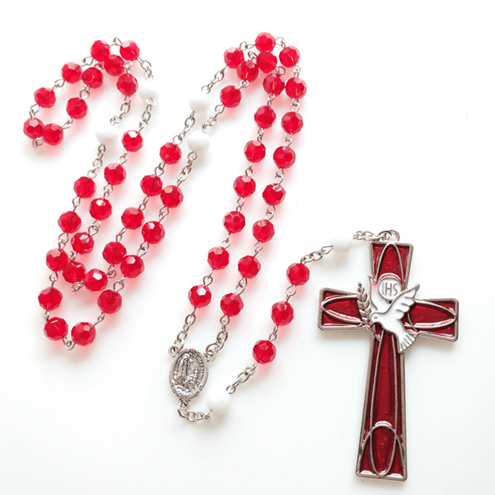 IHS Holy Spirit Dove Cross Pendant Red Beads Rosary