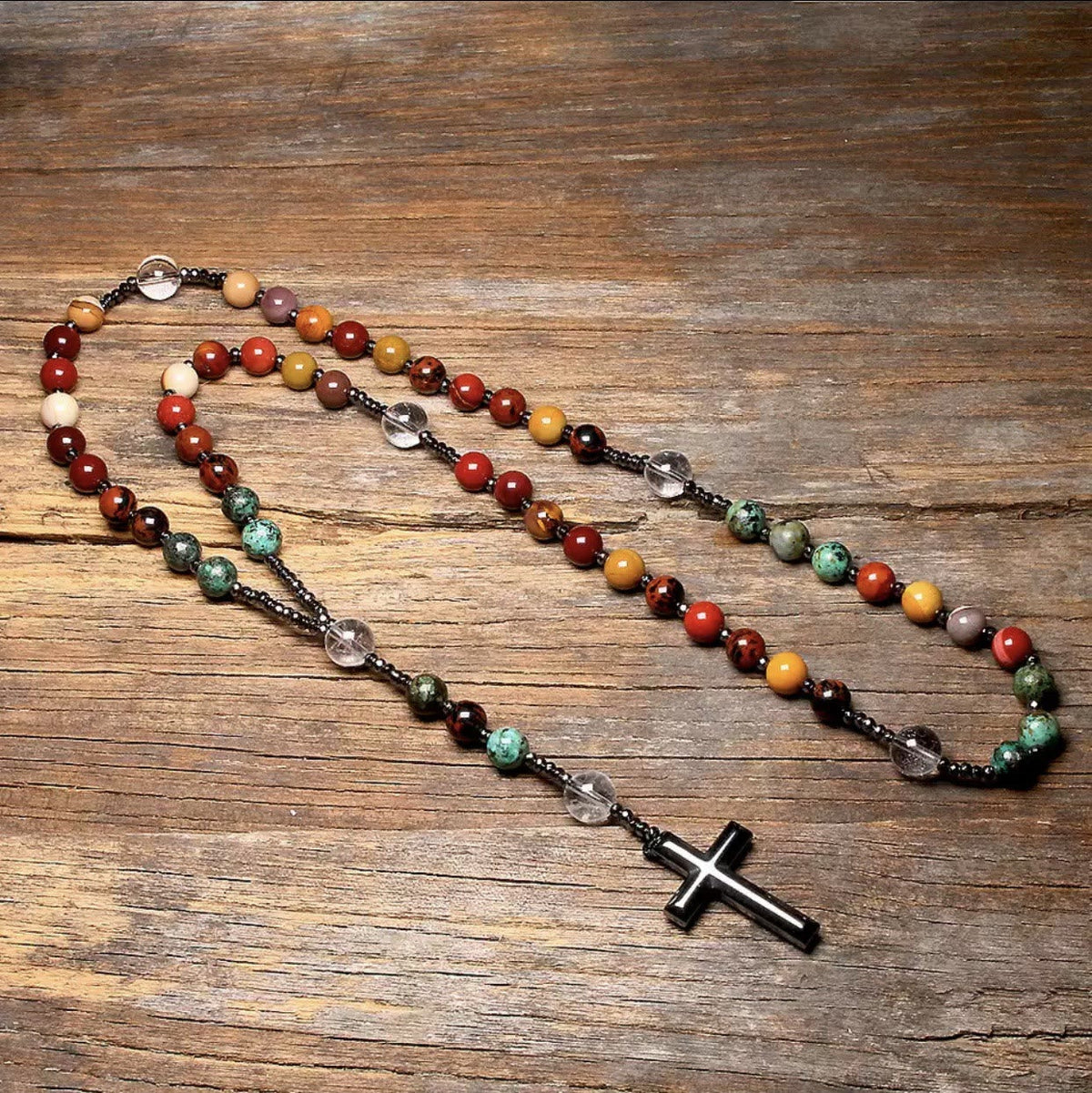 Hematite Cross Pendant Natural Stone Mix Christian Rosary