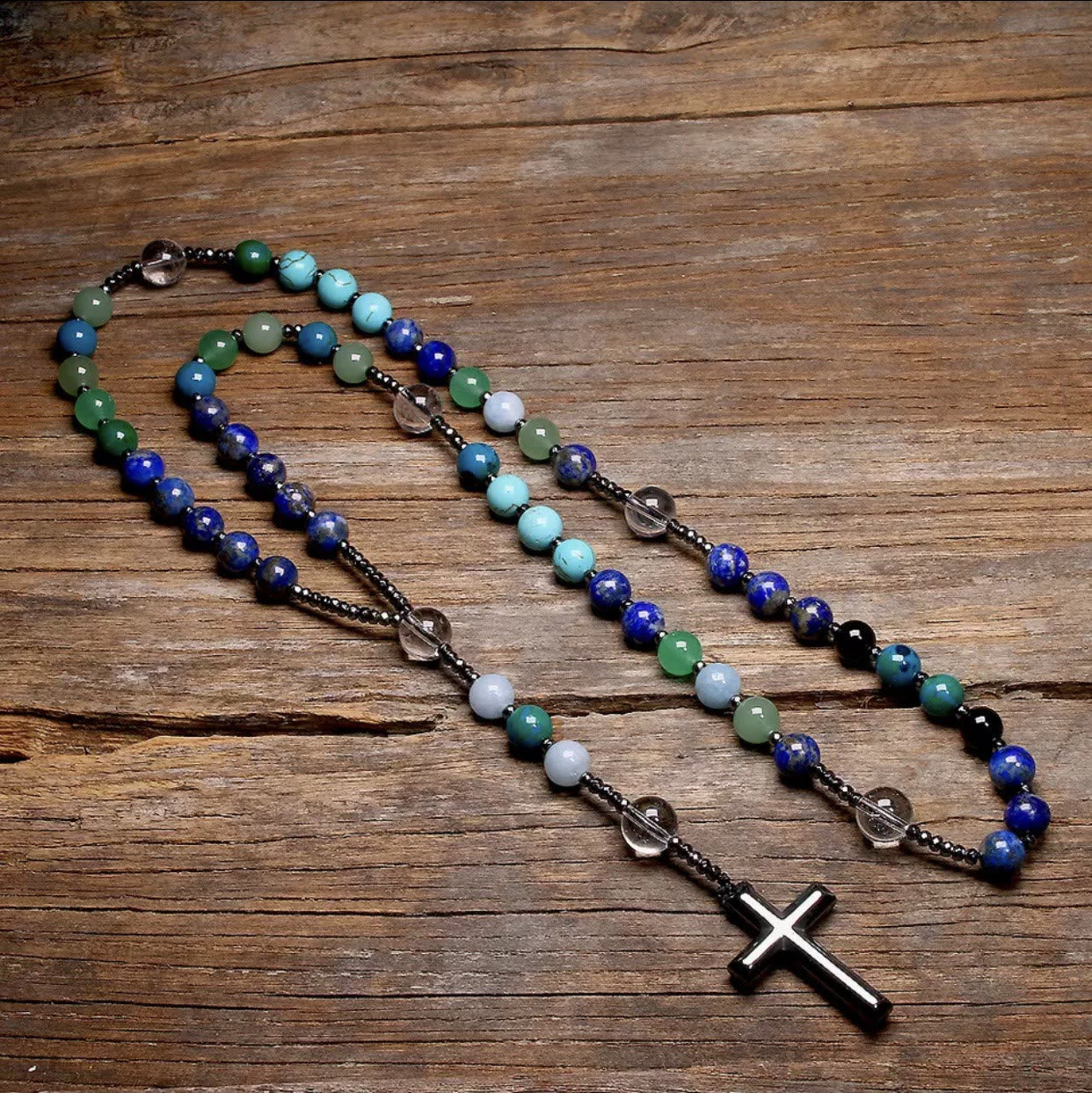 Hematite Cross Pendant Natural Stone Mix Christian Rosary