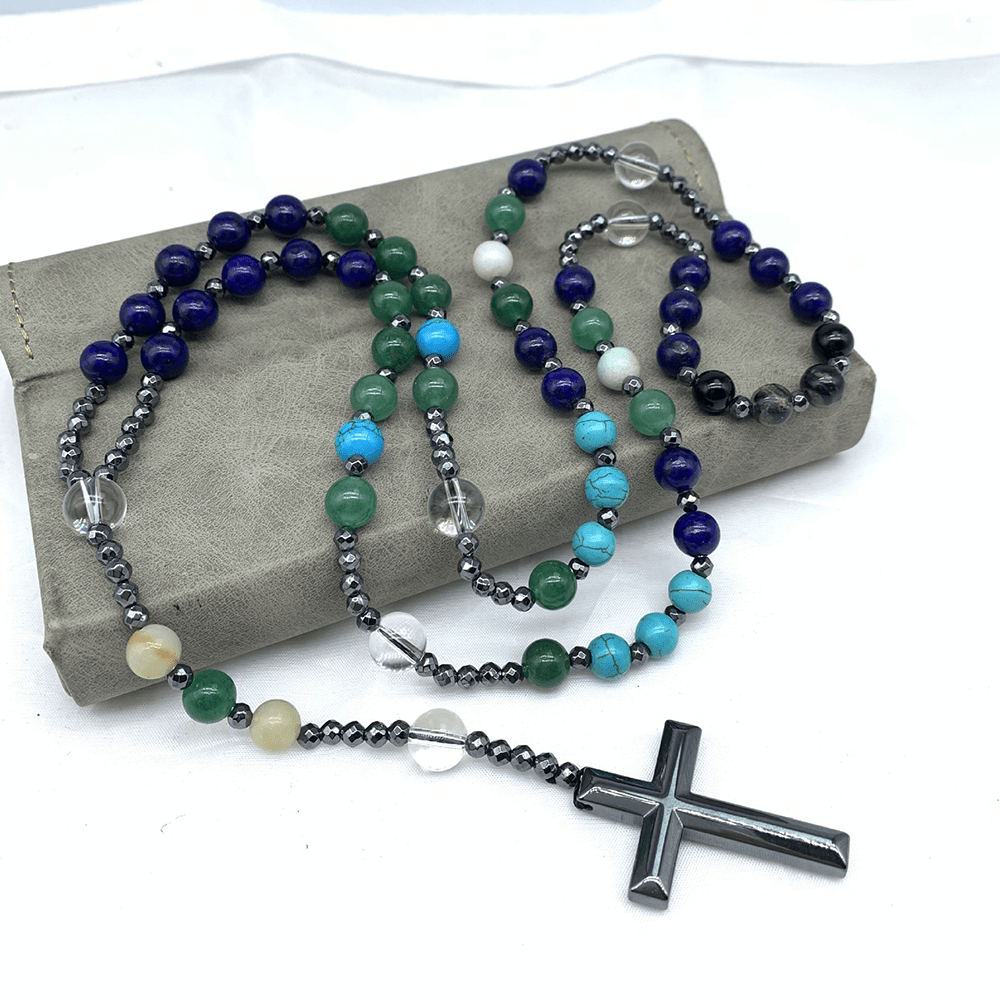 Hematite Cross Pendant Natural Stone Mix Christian Rosary