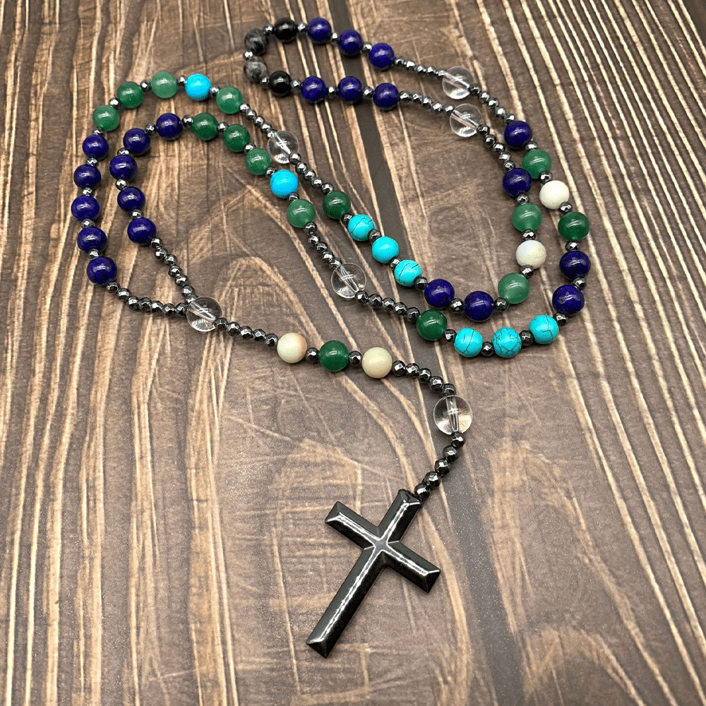 Hematite Cross Pendant Natural Stone Mix Christian Rosary