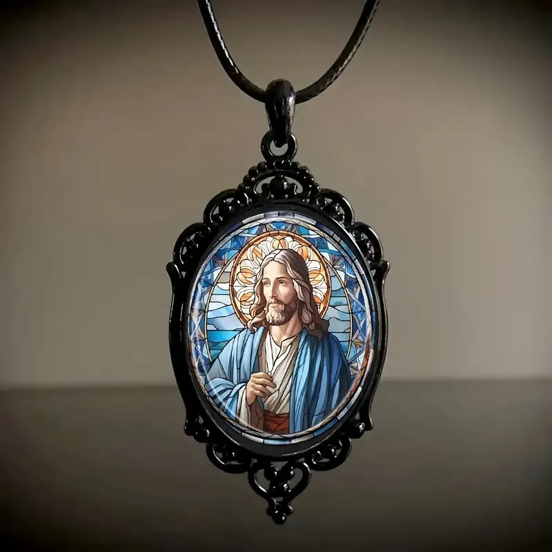 Retro Lace Oval Jesus Glass Pendant Necklace