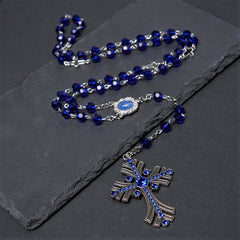 Christian Art Miraculous Medal & Cross of 8 mm Polyhedron Blue Crystal Alloy Chain Rosary
