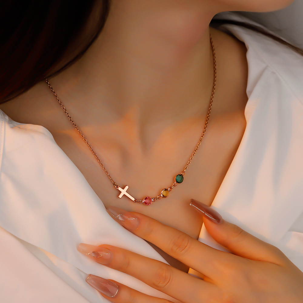 Modern Style Birthstones Cross Chain Necklace