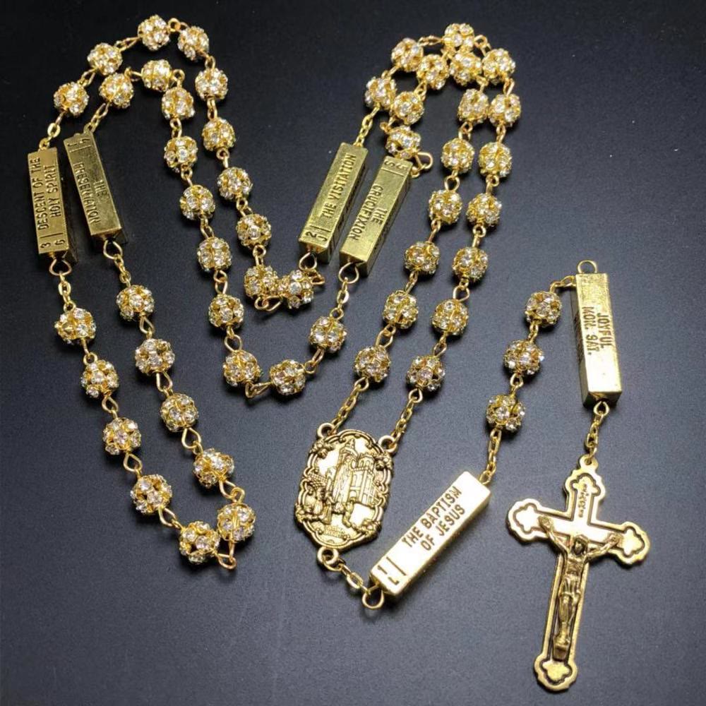 Our Lady of Fátima & Crucifix of 8 mm Round Golden Metal Gems Alloy Chain Rosary