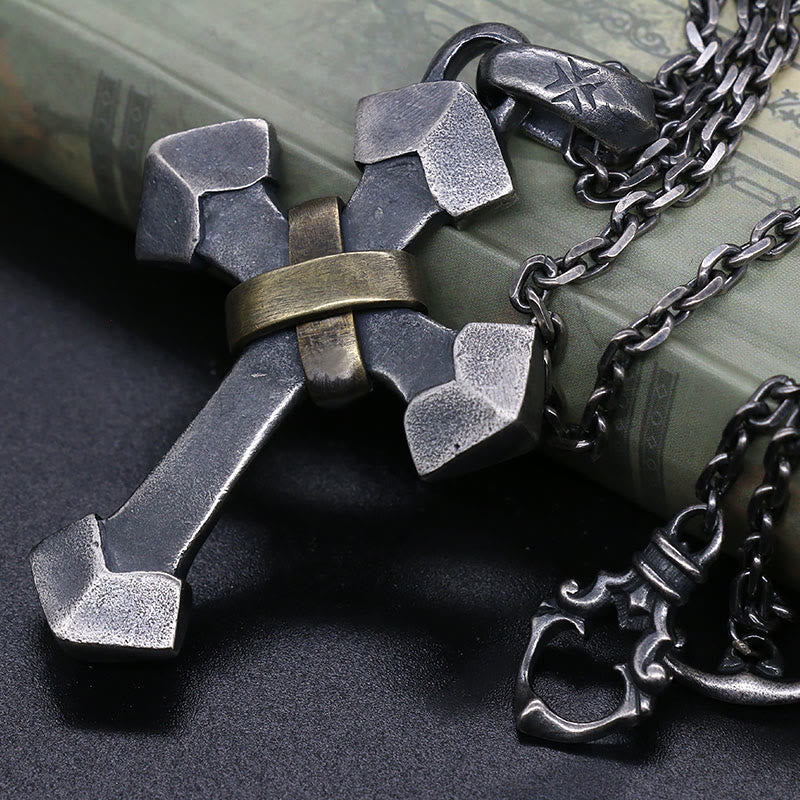 925 Sterling Silver Retro Style Heavy Metal Cross Pendant Necklace