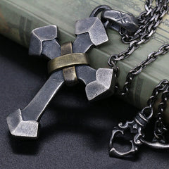 925 Sterling Silver Retro Style Heavy Metal Cross Pendant Necklace