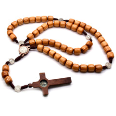 Pine Wood Cylinder Rosary Necklace – Handcrafted Cross with Cord