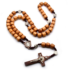 Pine Wood Cylinder Rosary Necklace – Handcrafted Cross with Cord