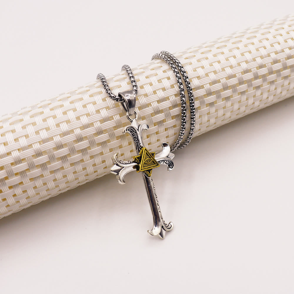 Fashion Sober Style Cross of God's Eye Square Pearl Chain Pendant Necklace