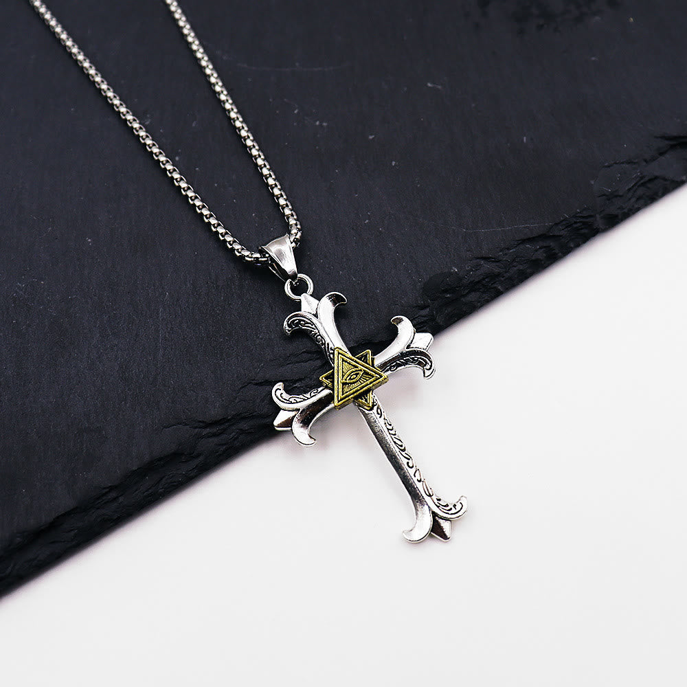 Fashion Sober Style Cross of God's Eye Square Pearl Chain Pendant Necklace