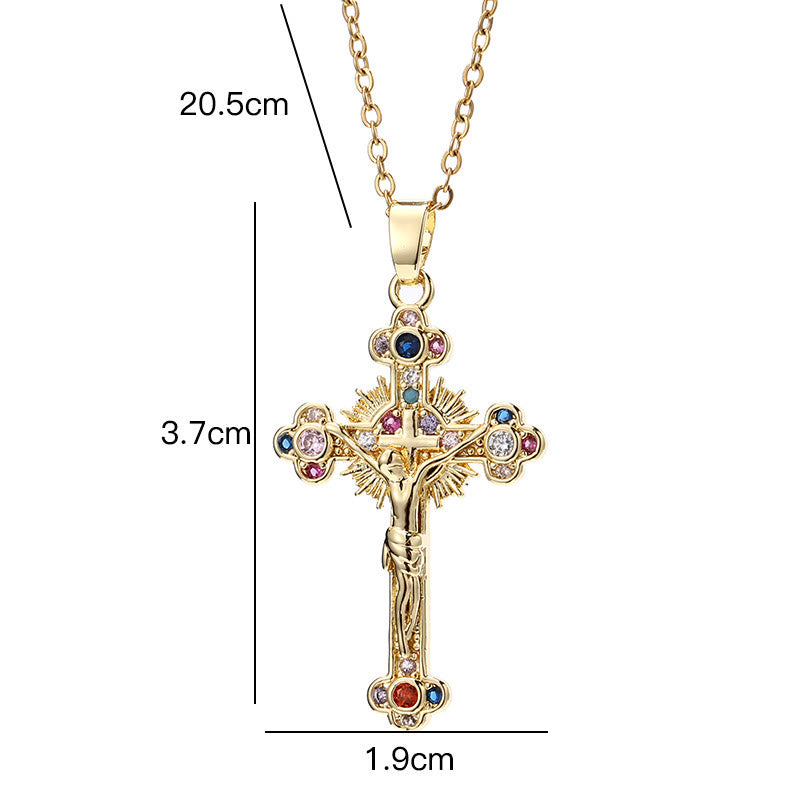 Fresh Pastoral Style Crucifix with Biblical Colorful Gemstones Pendant Necklace