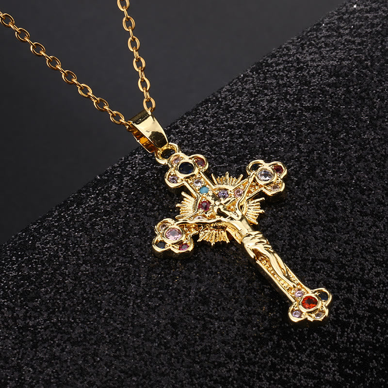 Fresh Pastoral Style Crucifix with Biblical Colorful Gemstones Pendant Necklace