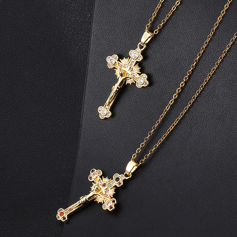 Fresh Pastoral Style Crucifix with Biblical Colorful Gemstones Pendant Necklace