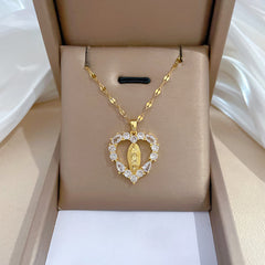 Luxury Style Heart-shaped Gemstone Encrusted Our Lady of Guadalupe Pendant Necklace