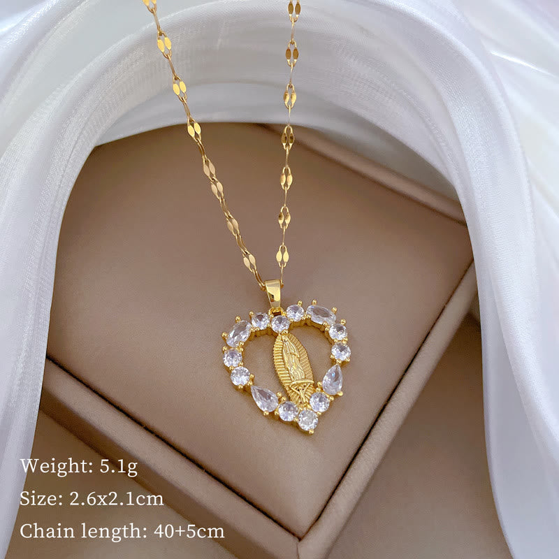 Luxury Style Heart-shaped Gemstone Encrusted Our Lady of Guadalupe Pendant Necklace