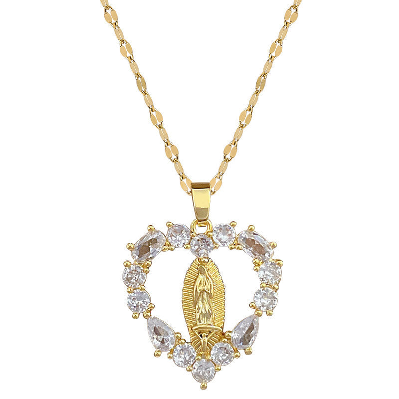 Luxury Style Heart-shaped Gemstone Encrusted Our Lady of Guadalupe Pendant Necklace