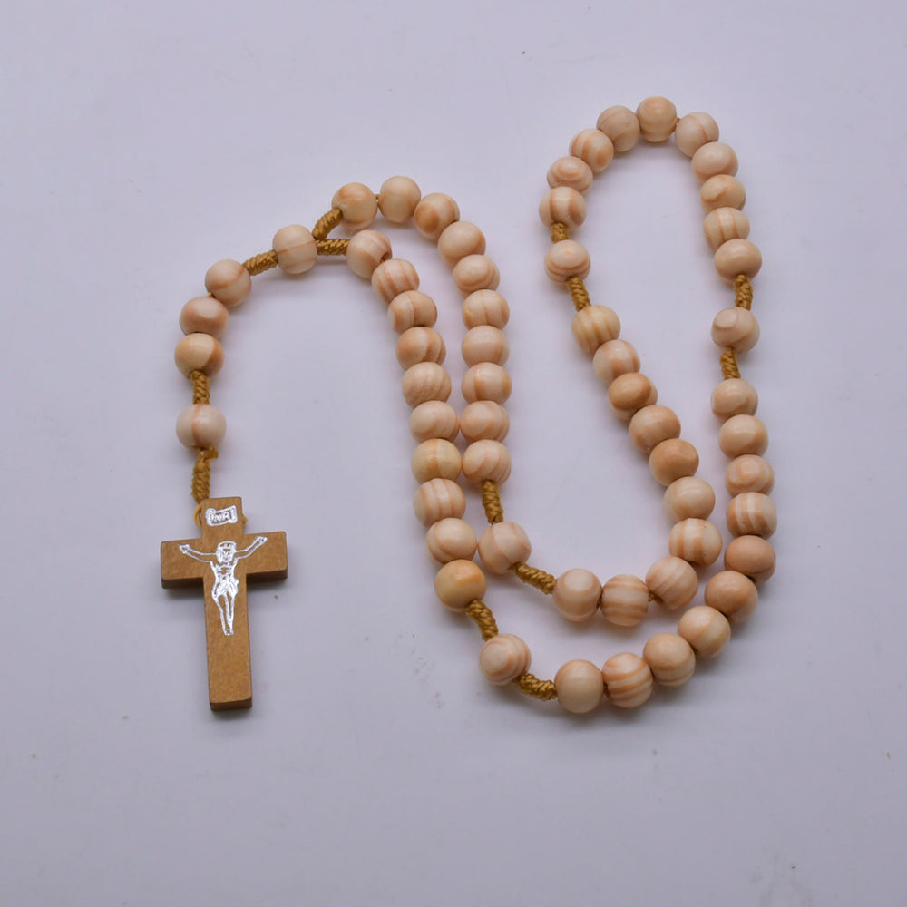 Pine Wood Rosary Necklace – Handcrafted Cross with Braided Cord
