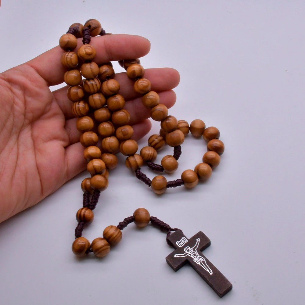 Pine Wood Rosary Necklace – Handcrafted Cross with Braided Cord