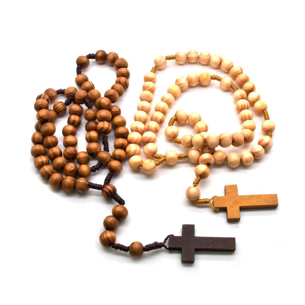 Pine Wood Rosary Necklace – Handcrafted Cross with Braided Cord