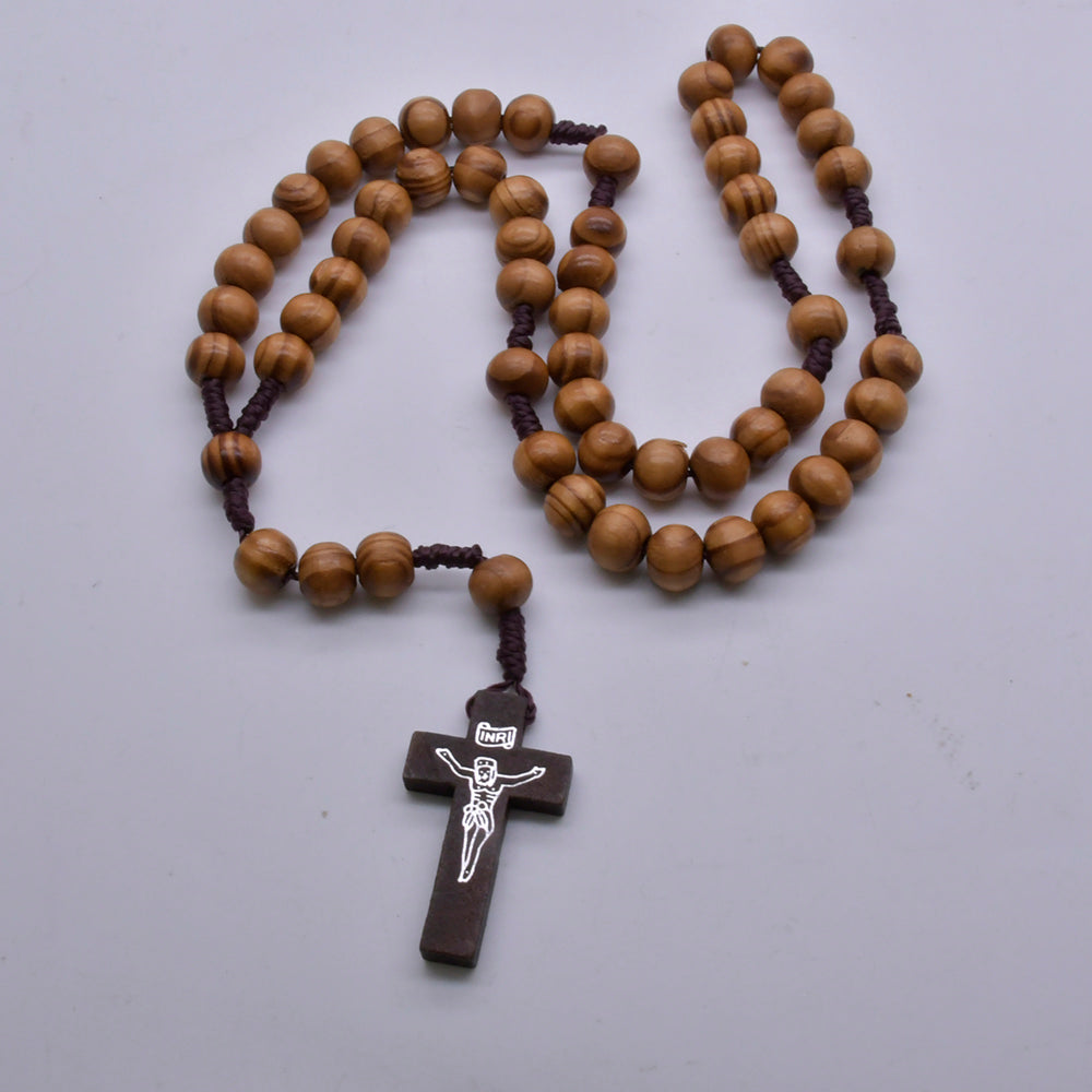 Pine Wood Rosary Necklace – Handcrafted Cross with Braided Cord