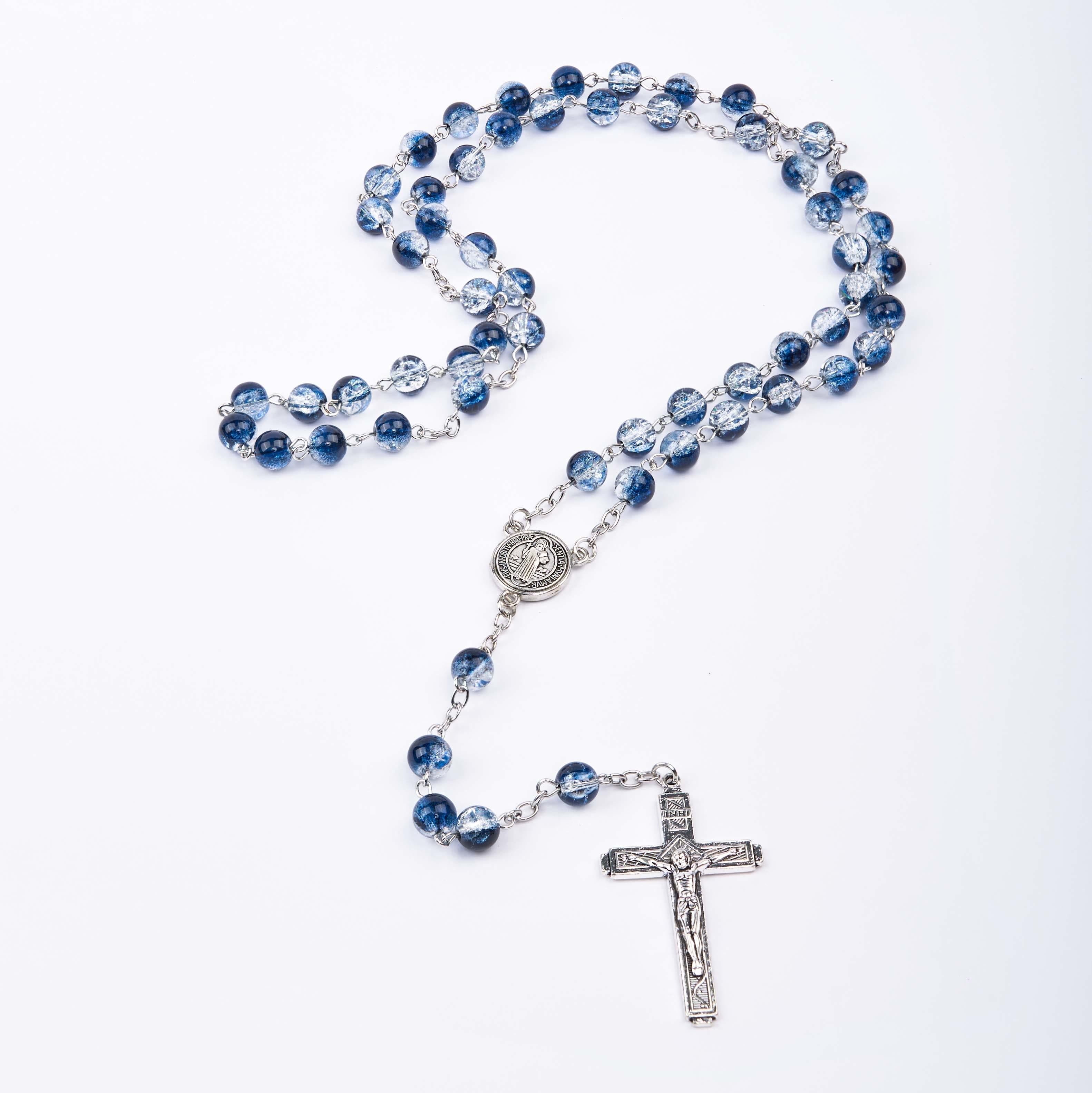Classic Style St. Benedict Medal & Crucifix Blue Acrylic Rosary/Bracelet