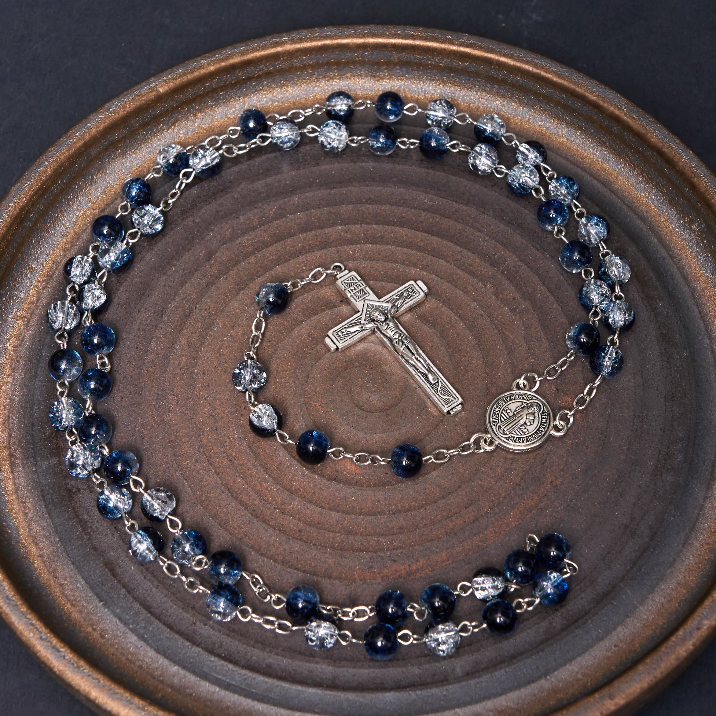 Classic Style St. Benedict Medal & Crucifix Blue Acrylic Rosary/Bracelet