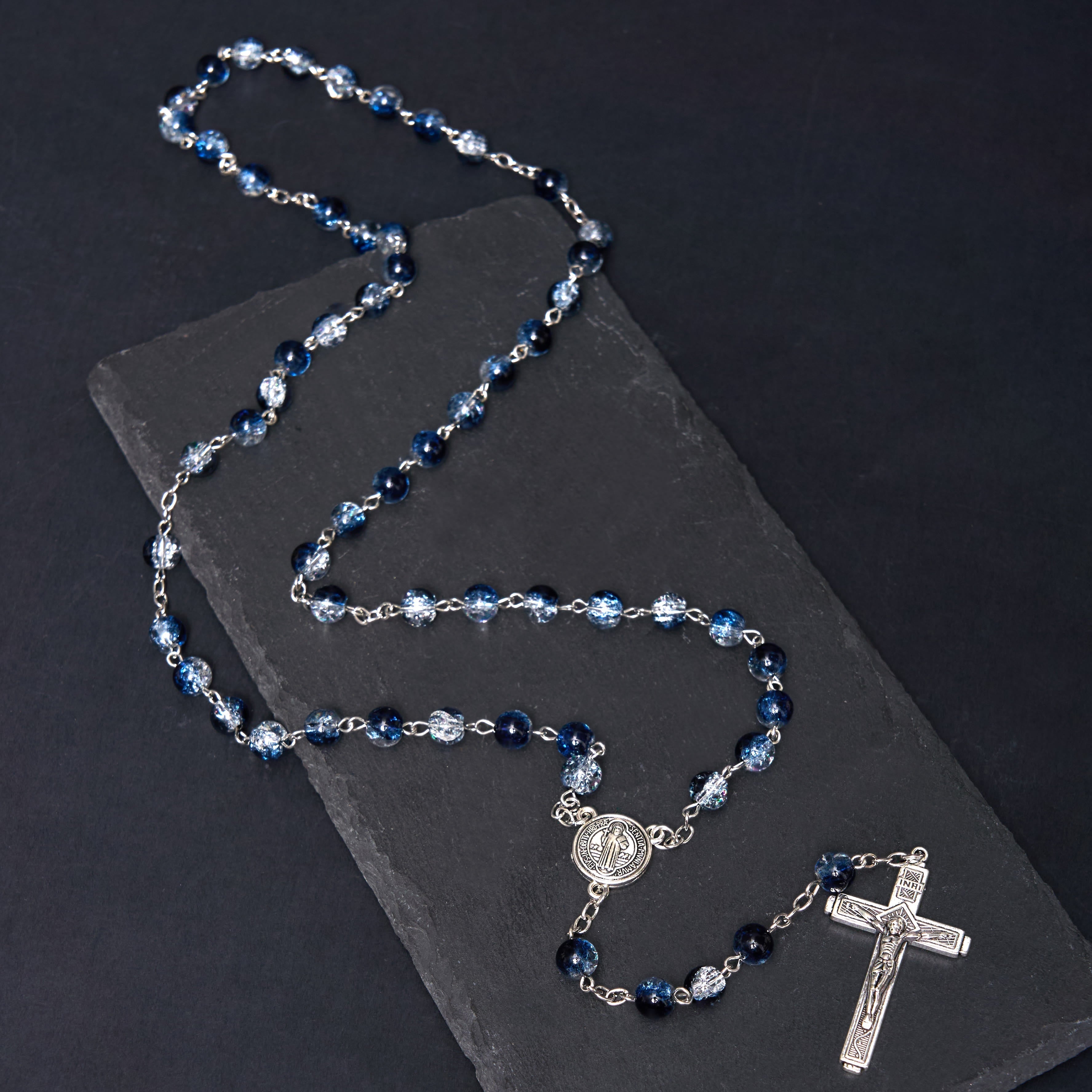 Classic Style St. Benedict Medal & Crucifix Blue Acrylic Rosary/Bracelet