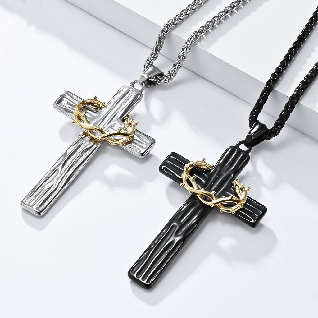 Modern Style Jesus Crown Of Thorns Cross Sacred Protection Pendant Necklace