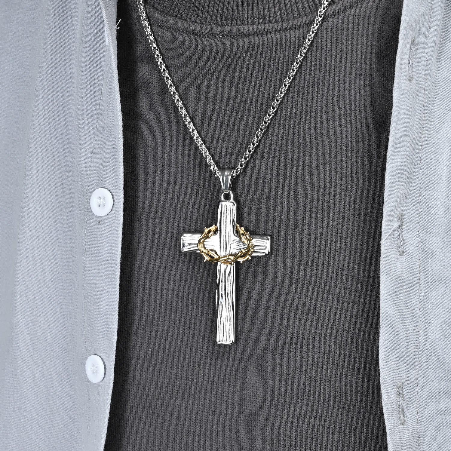 Modern Style Jesus Crown Of Thorns Cross Sacred Protection Pendant Necklace