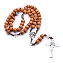 Catholic Pine Wood Rosary Necklace – Handcrafted Beads with Cross Pendant