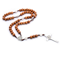 Catholic Pine Wood Rosary Necklace – Handcrafted Beads with Cross Pendant