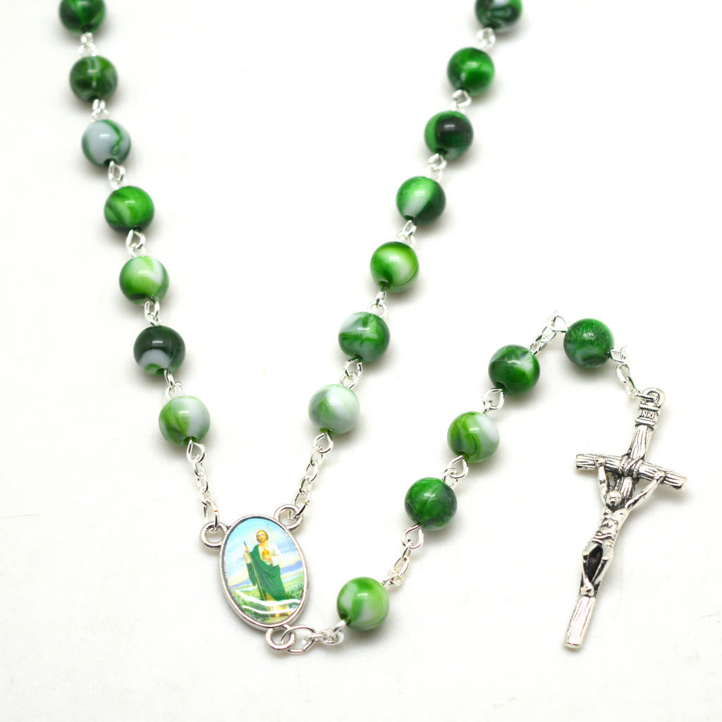 Saint Jude Thaddeus & Crucifix of 8 mm Round Green Acrylic Alloy Chain Rosary