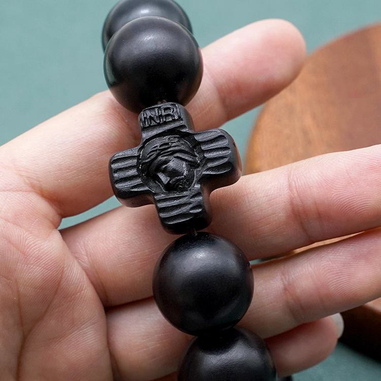 Classic Jesus Christ Cross Black Sandalwood Rosary Bracelet
