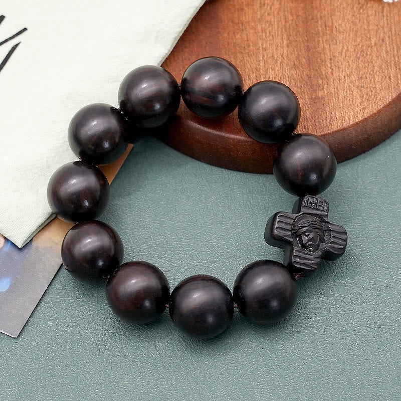 Classic Jesus Christ Cross Black Sandalwood Rosary Bracelet