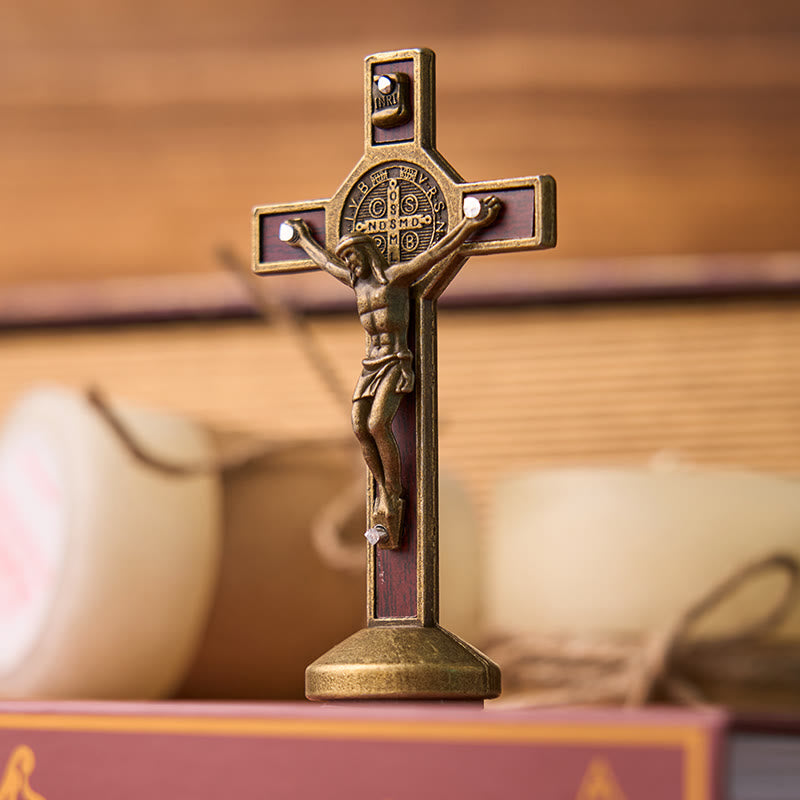 European Classical Traditional Wood Inlaid Alloy St. Benedict Cross Ornament