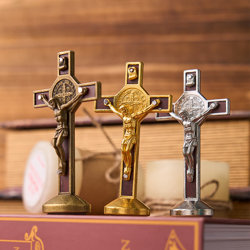European Classical Traditional Wood Inlaid Alloy St. Benedict Cross Ornament