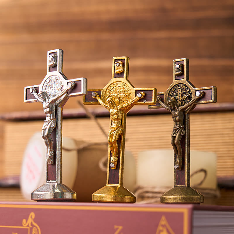 European Classical Traditional Wood Inlaid Alloy St. Benedict Cross Ornament