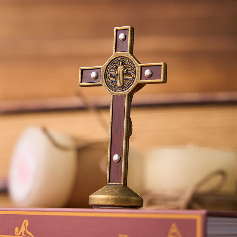 European Classical Traditional Wood Inlaid Alloy St. Benedict Cross Ornament