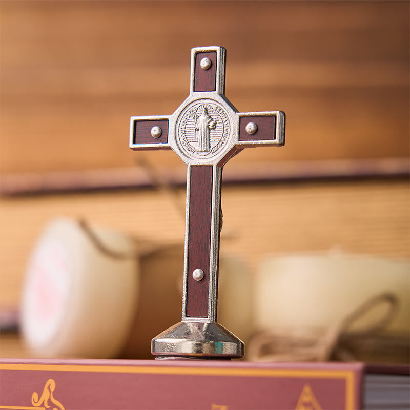 European Classical Traditional Wood Inlaid Alloy St. Benedict Cross Ornament